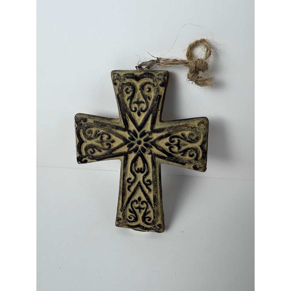 Rustic Antiqued Scroll Pattern Wall Cross Hanging Decor Cream Black 4"